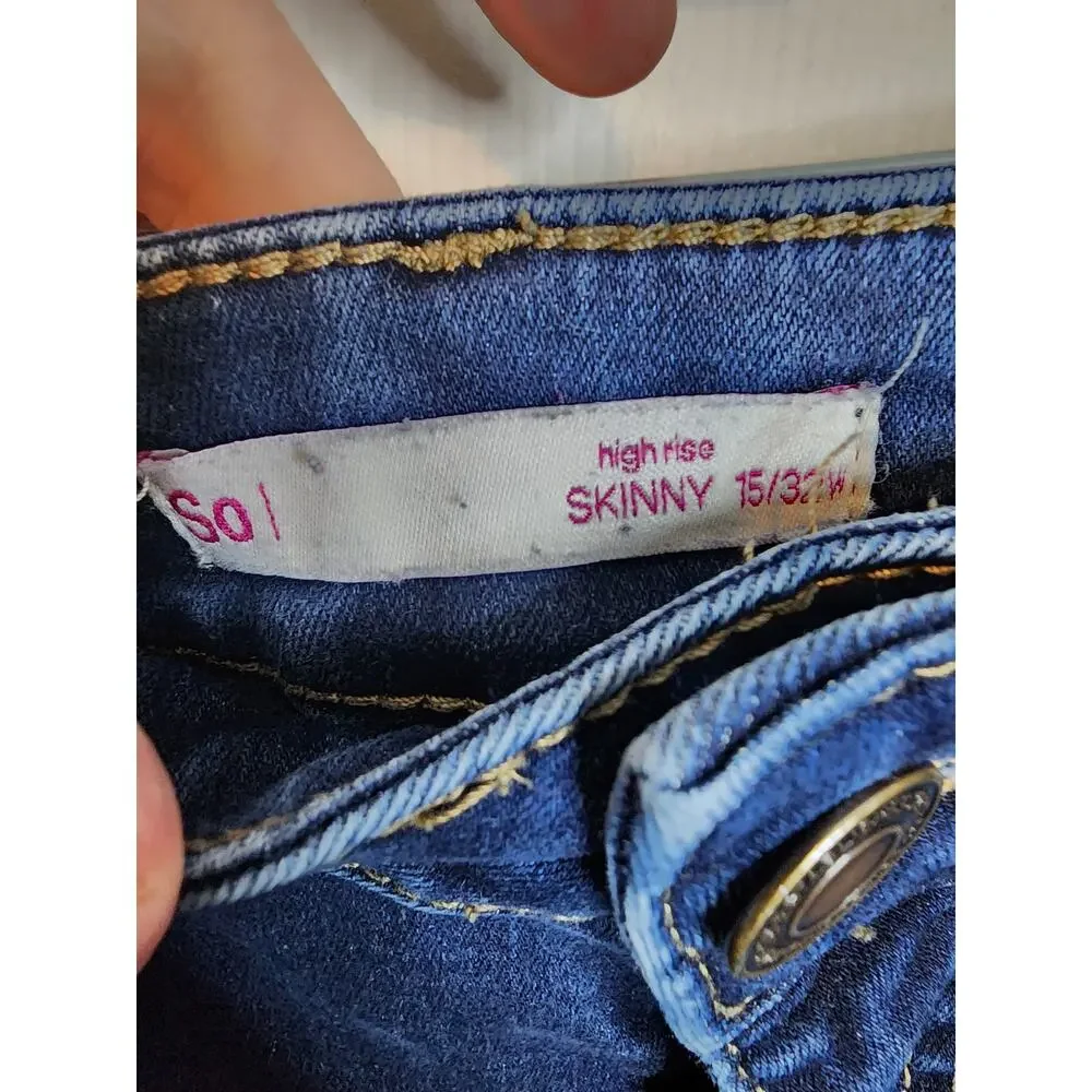SO High Rise Skinny Distressed Dark Wash Jeans, 15/32